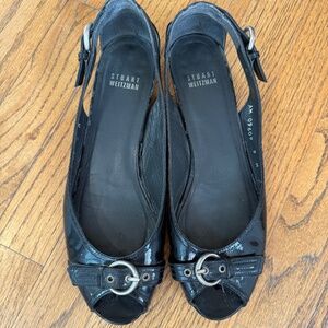 STUART WEITZMAN PEEP TOE BLACK PATENT LEATHER BALLET FLATS